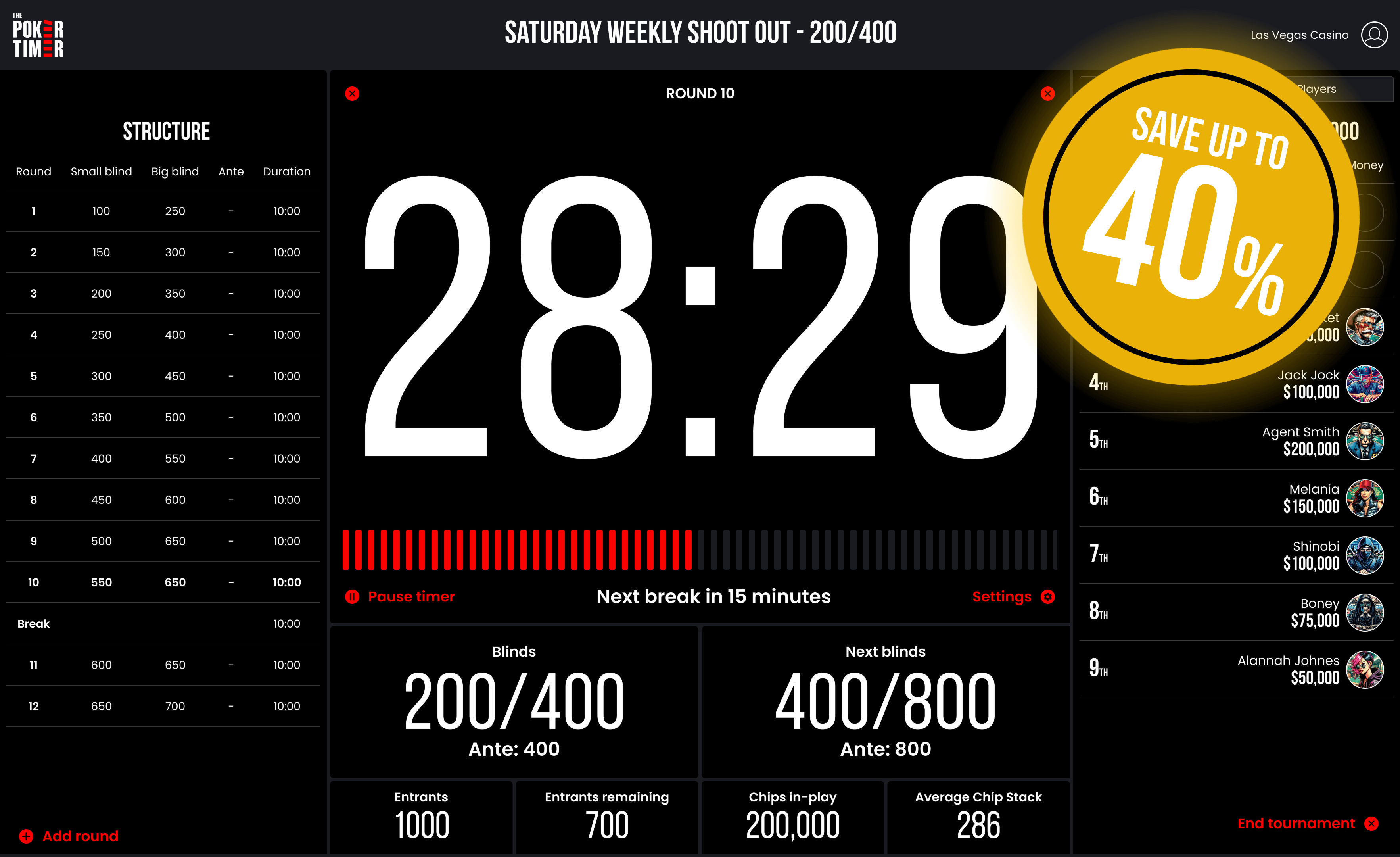 The poker timer application running